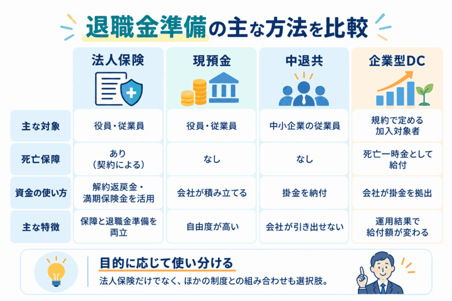 退職金準備の主な方法比較